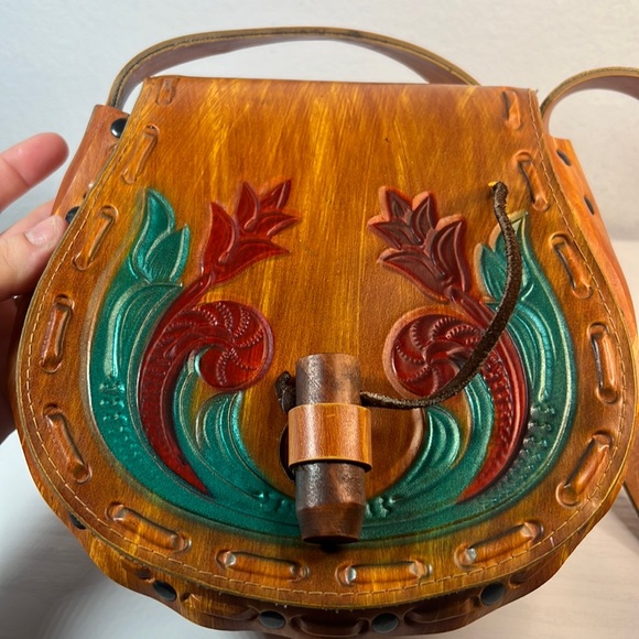None Handbags - Vintage Faux Tooled Leather Purse With Flowers Hippie Boho Festival